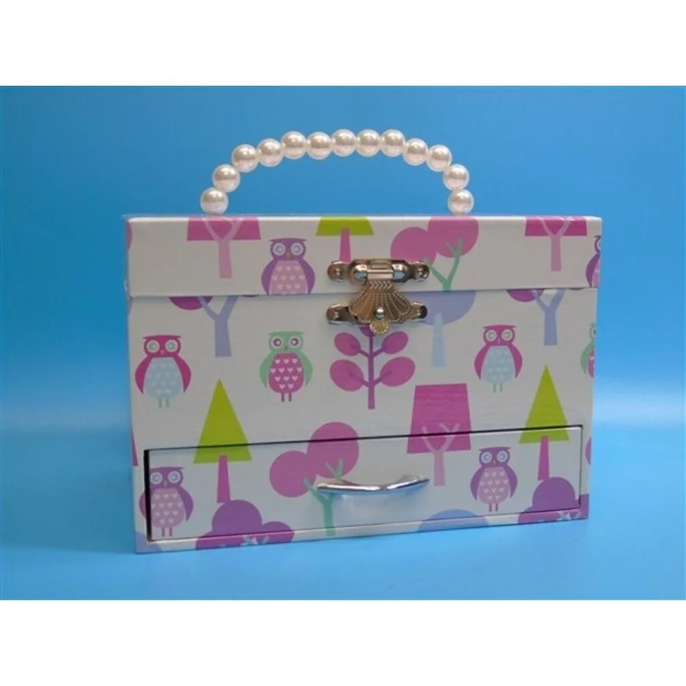 Owl Jewelry Box Purple Pink Green Trees Faux Pearl Handle Drawer Storage Chest